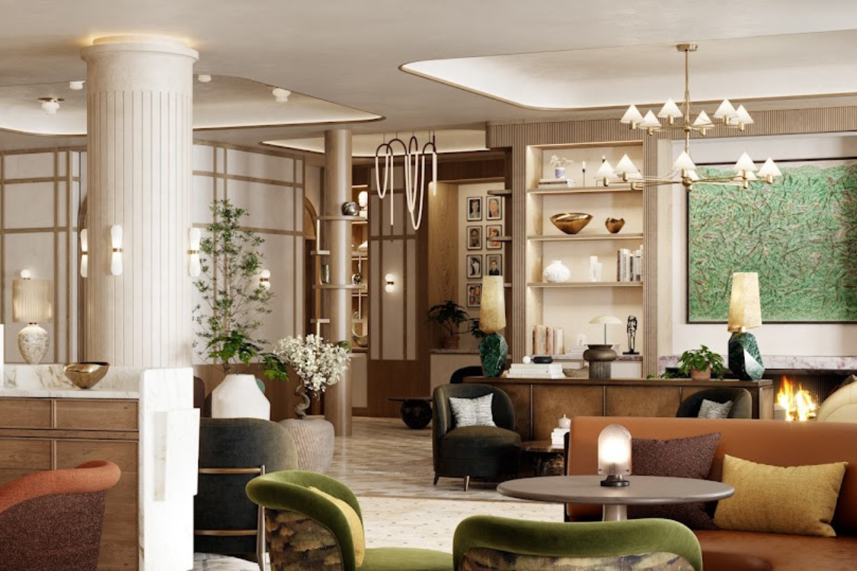 Render of the botanical themed public lounge area at the Montcalm Mayfair