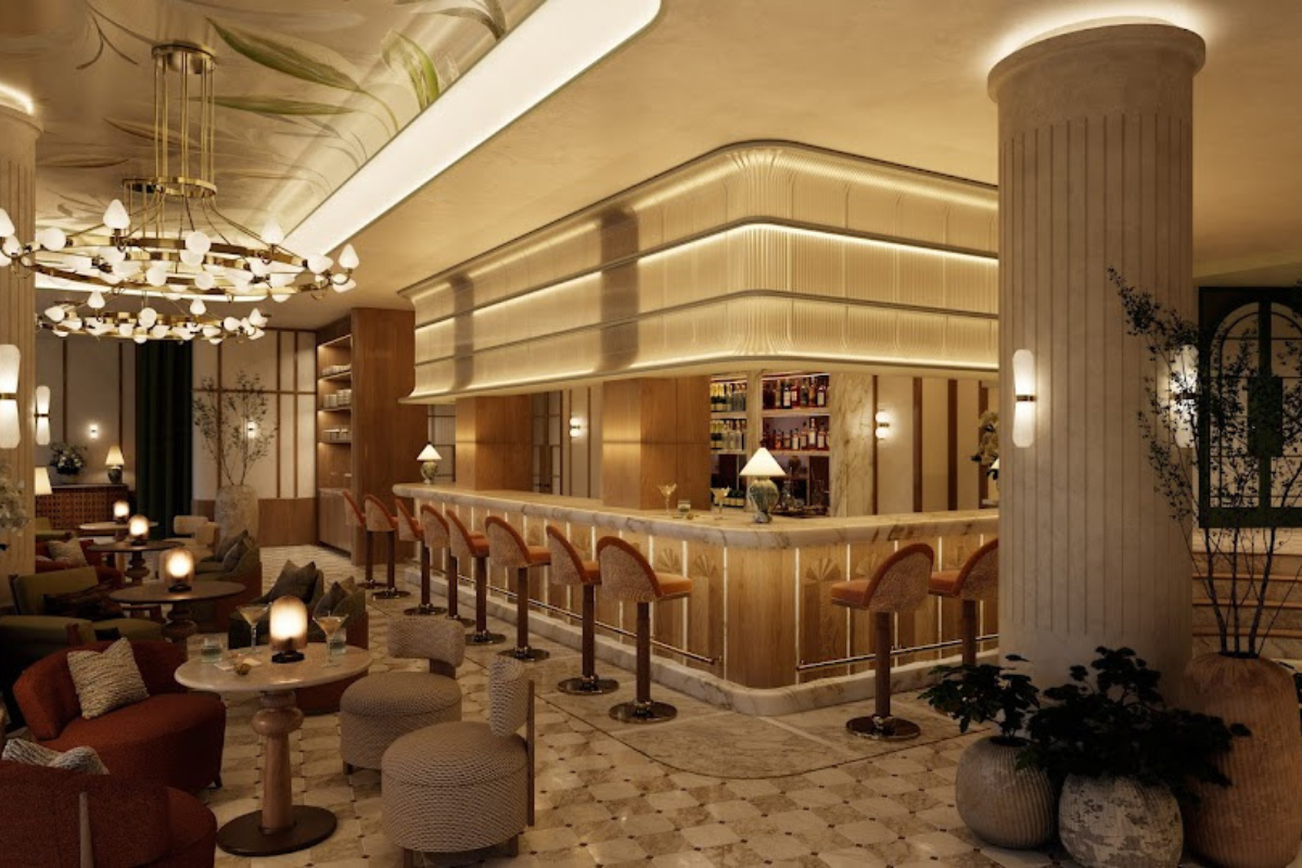 Render of the fluted glass bar area in the Montcalm Mayfair