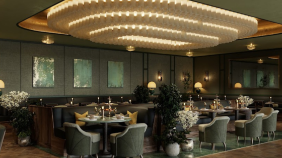 Render of dark green restaurant area in Montcalm Mayfair, with 150-shade layered oval chandelier