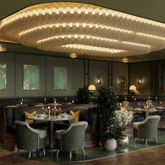 Render of dark green restaurant area in Montcalm Mayfair, with 150-shade layered oval chandelier