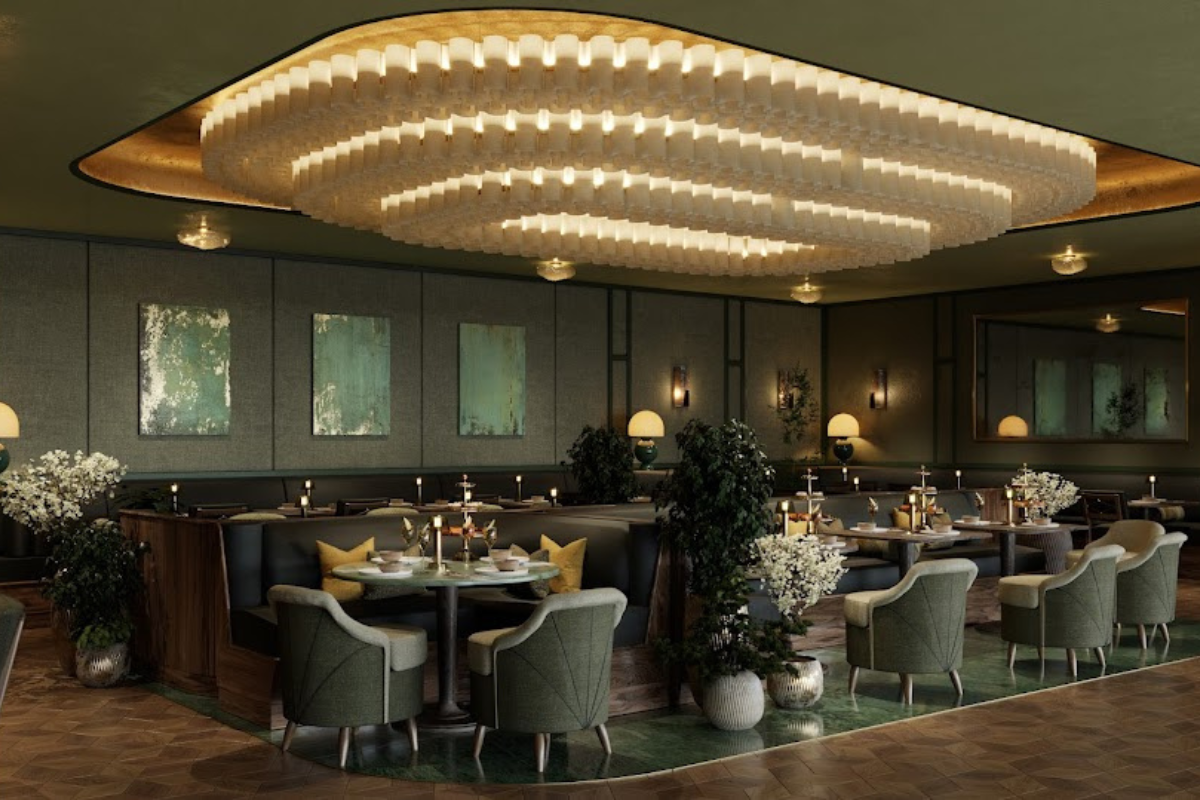 Render of dark green restaurant area in Montcalm Mayfair, with 150-shade layered oval chandelier 