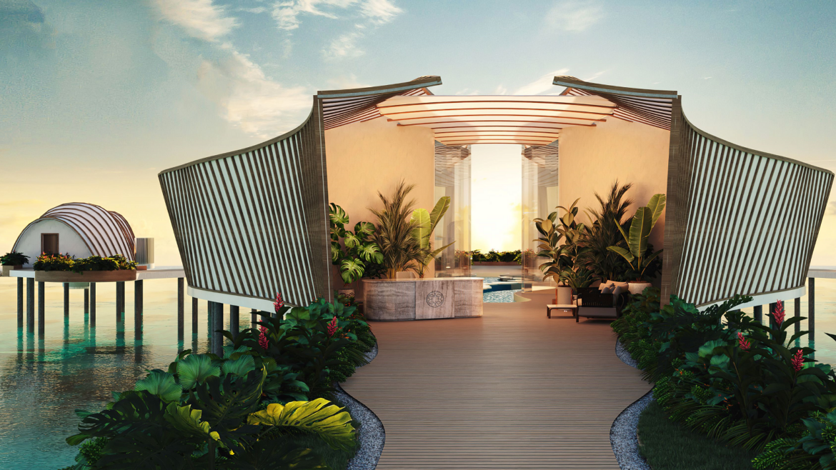 render of spa design over wate in the maldives at SAMANA Ocean Views with interiors by ELIE SAAB