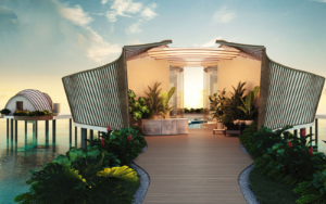 render of spa design over wate in the maldives at SAMANA Ocean Views with interiors by ELIE SAAB