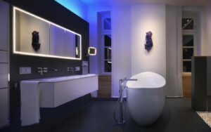 Blue-lit bathroom by Schluter-Systems