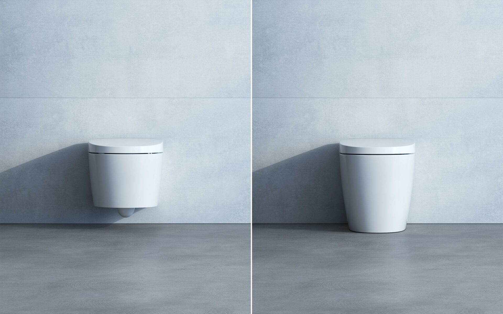 White bathroom wall with grey floor, showing two white toilet style options - one floating and one full. LAUFEN CLEANET