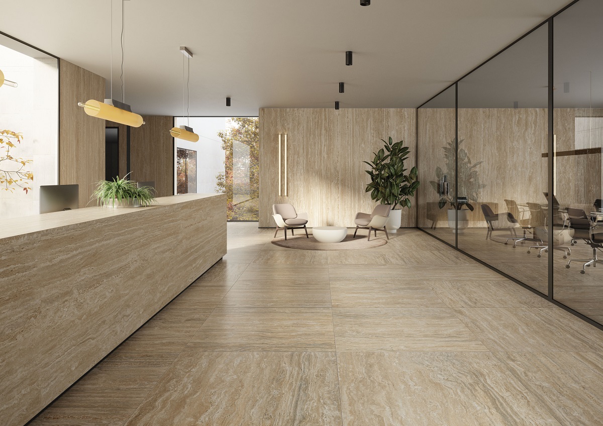 open plan living space with all surfaces in Pontino slabs from RAK