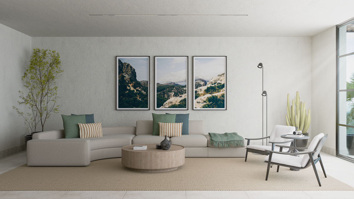 render of interior design scheme in naturals and neutrals