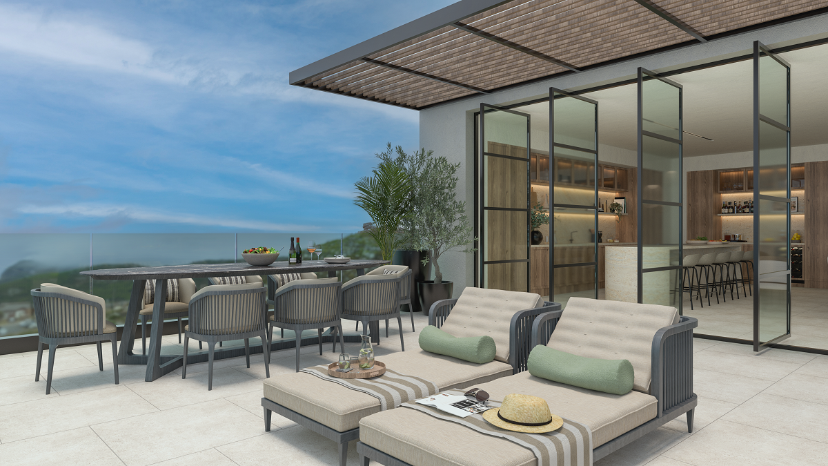 render of deck with table and chairs and outdoor furniture