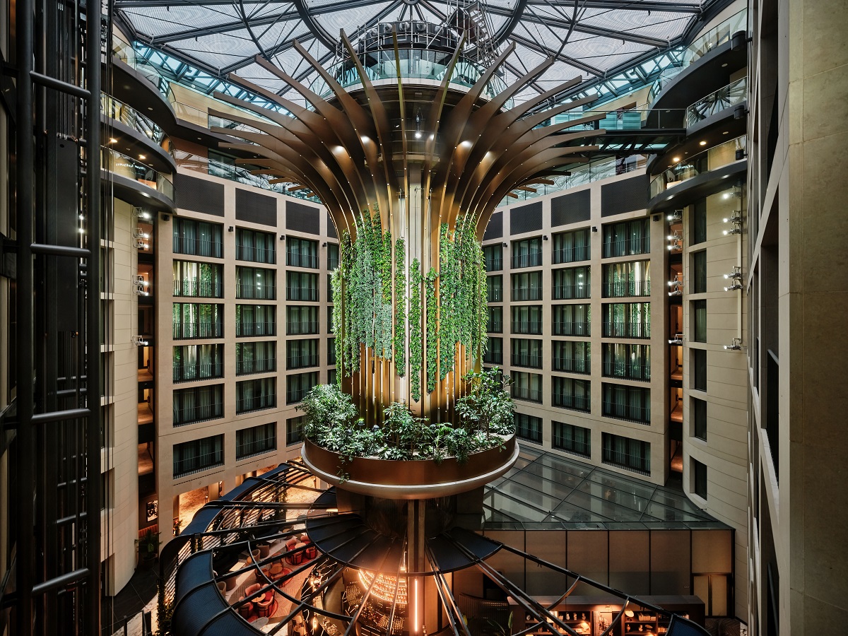 'Living Tree' installtion in central atrium of Radisson Collection Hotel Berlin