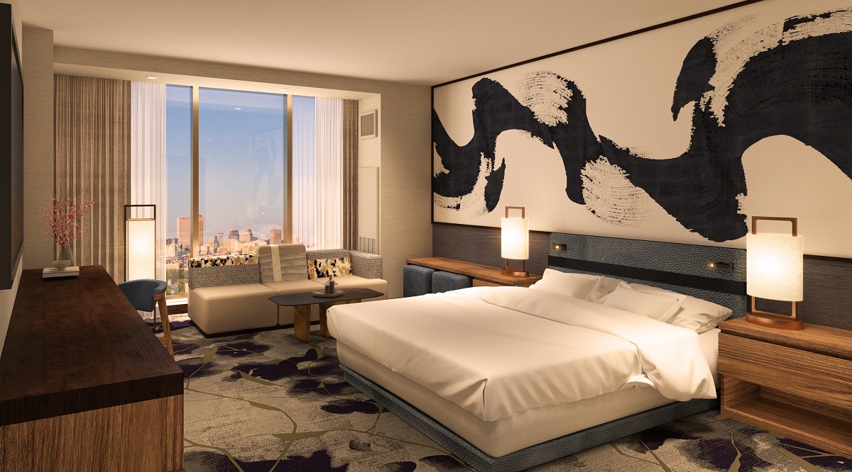 nobu hotel guestroom in new orleans with black and white mural wall treatment above bed