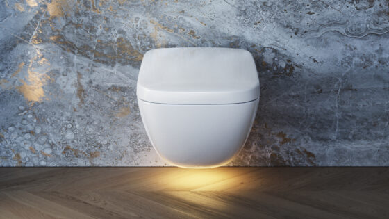 TOTO NEOREST WX1 toilet with uplighting, fixed onto marble wall