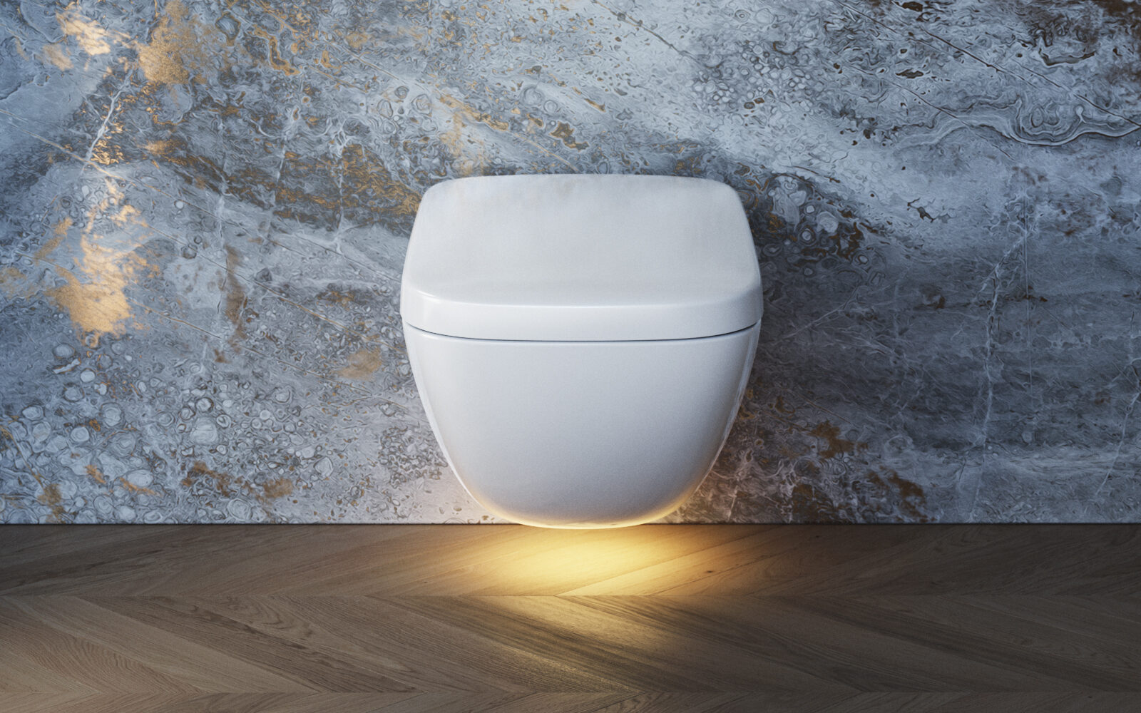 TOTO NEOREST WX1 toilet with uplighting, fixed onto marble wall