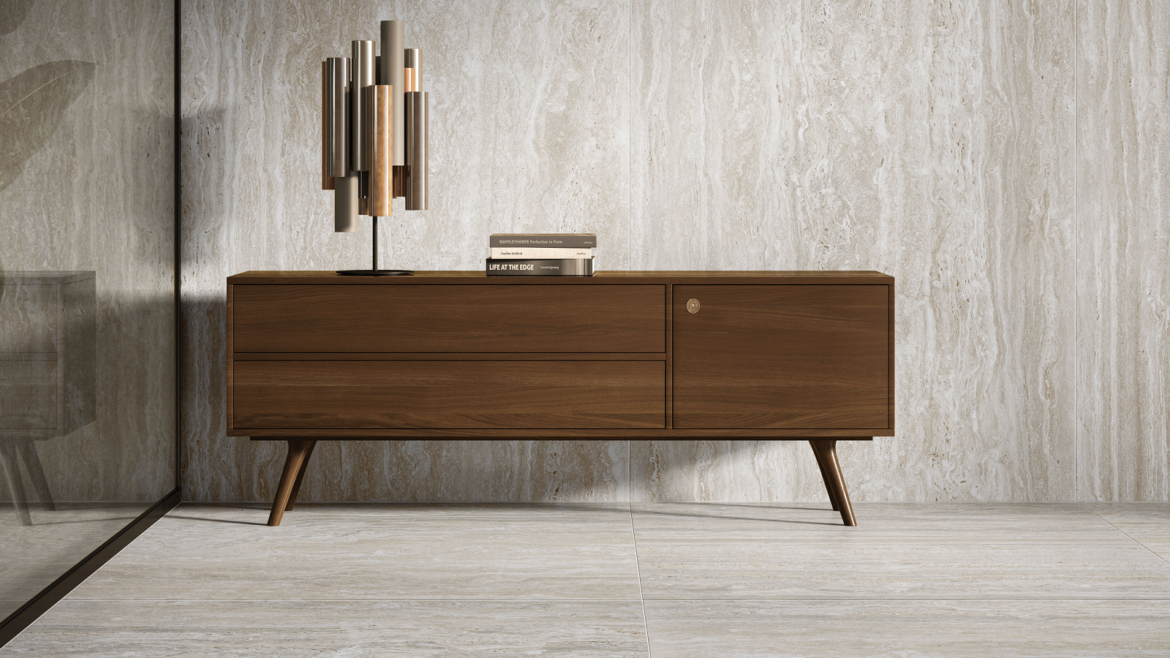 wooden cabinet set against Pontino slabs from RAK