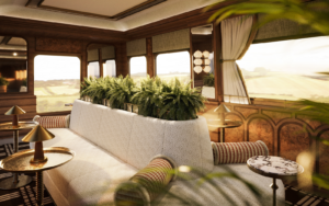 plants and seating in the Observation Car of Belmond Britannic Explorer train