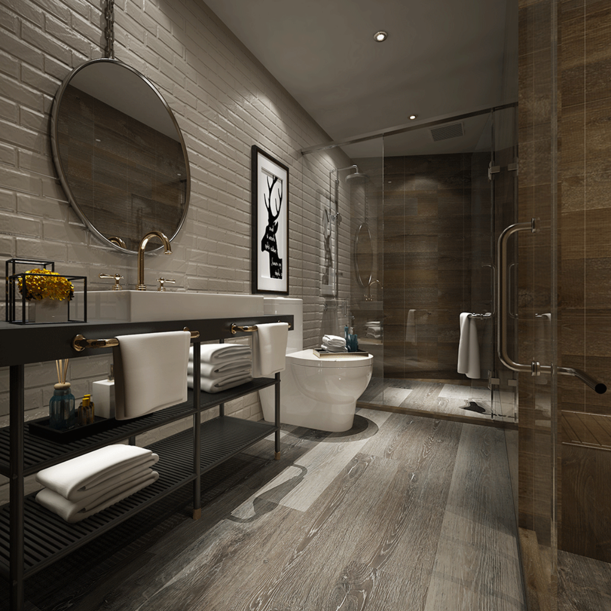 Grey wood flooring in tiled bathroom