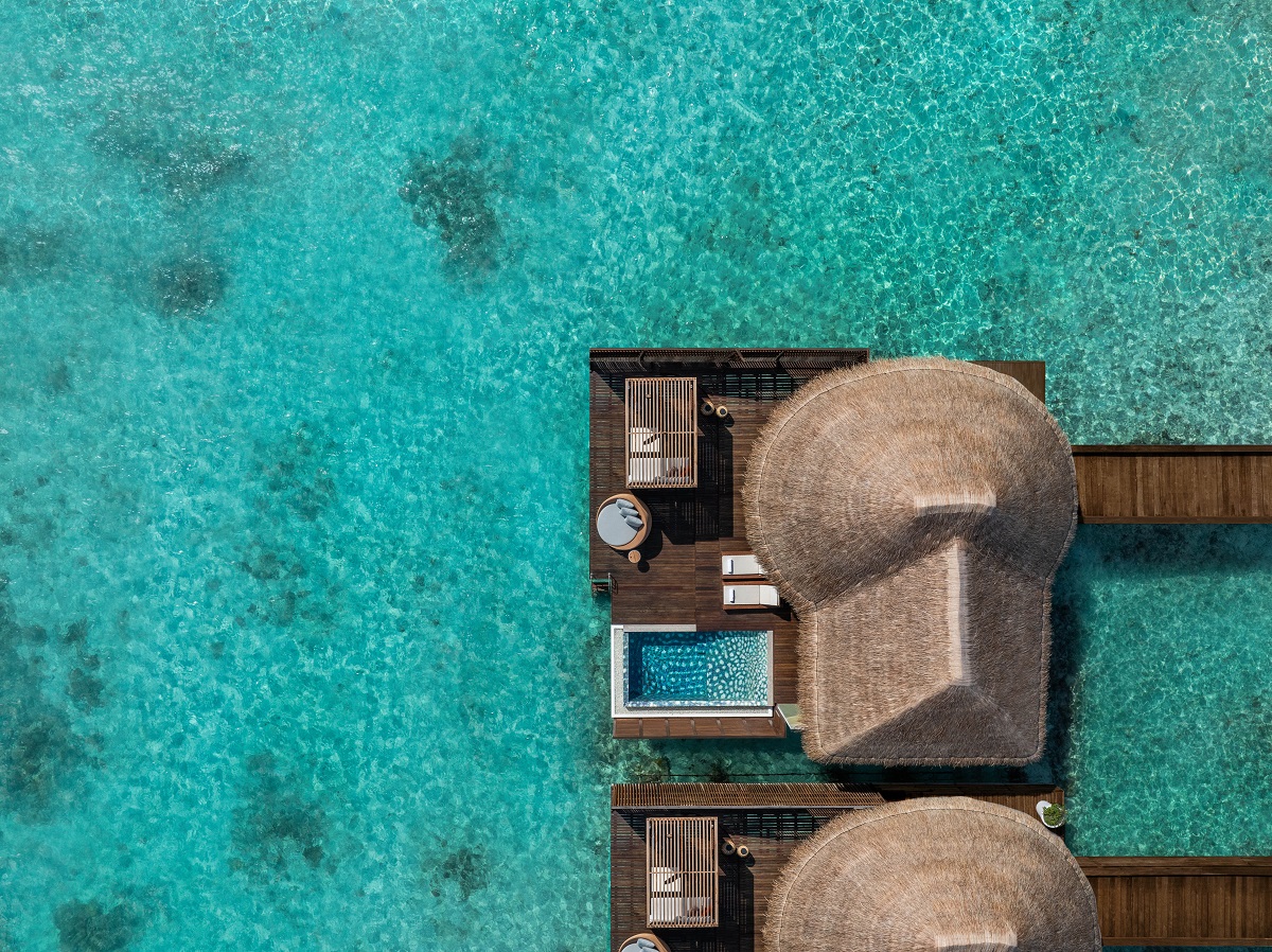 aerial view of overwater villa in W Maldives