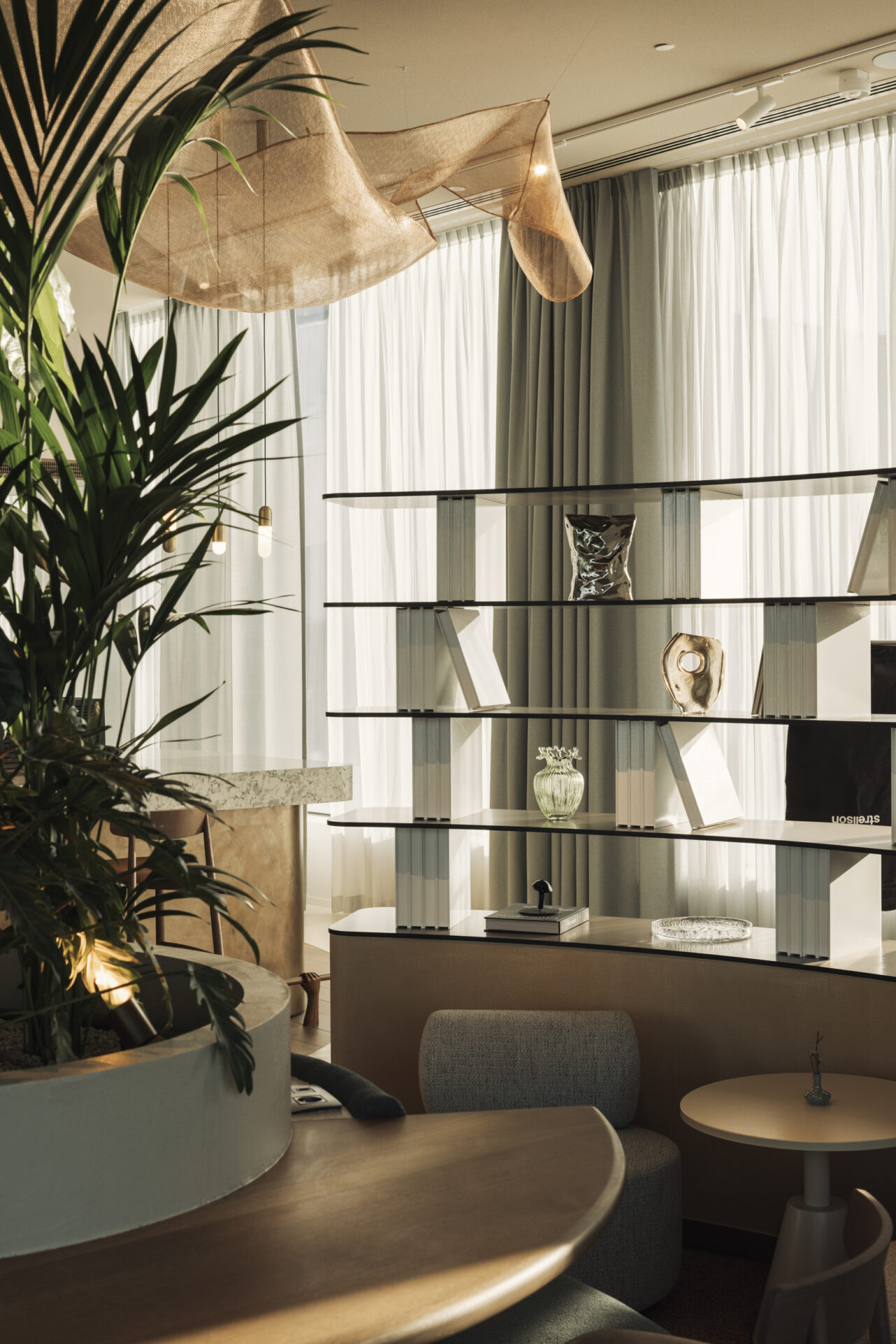 stone shelving unit in Movenpick lobby
