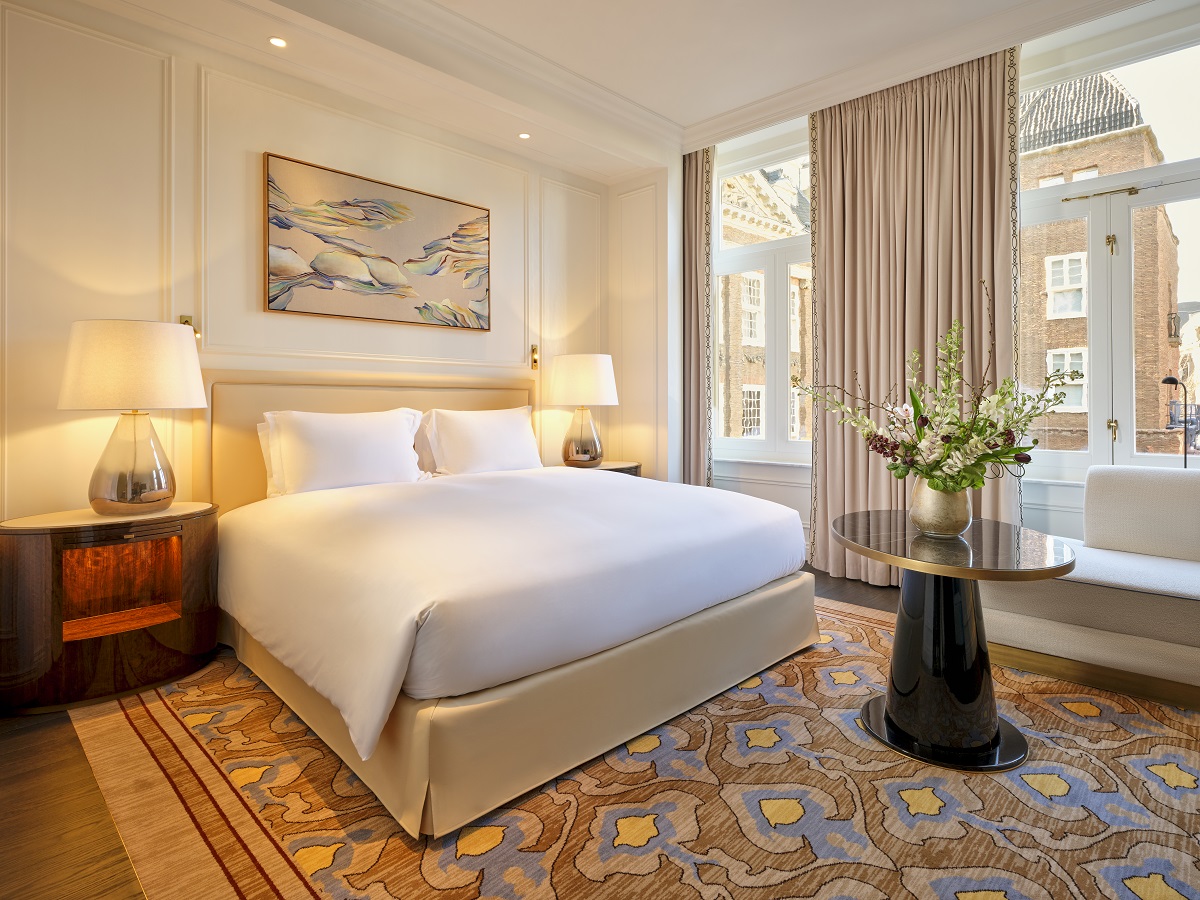 soft blues and yellows in the refurbished guestrooms in Sofitel Legend The Grand Amsterdam
