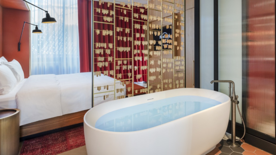 Bedroom at the Hard Rock Hotel Budapest, with a bath