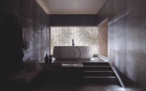 Contemporary bathroom, with raised bath tub. Dark walls and tub is backlit by large window. All TOTO bathroom products.