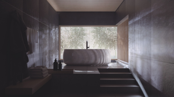 Contemporary bathroom, with raised bath tub. Dark walls and tub is backlit by large window. All TOTO bathroom products.