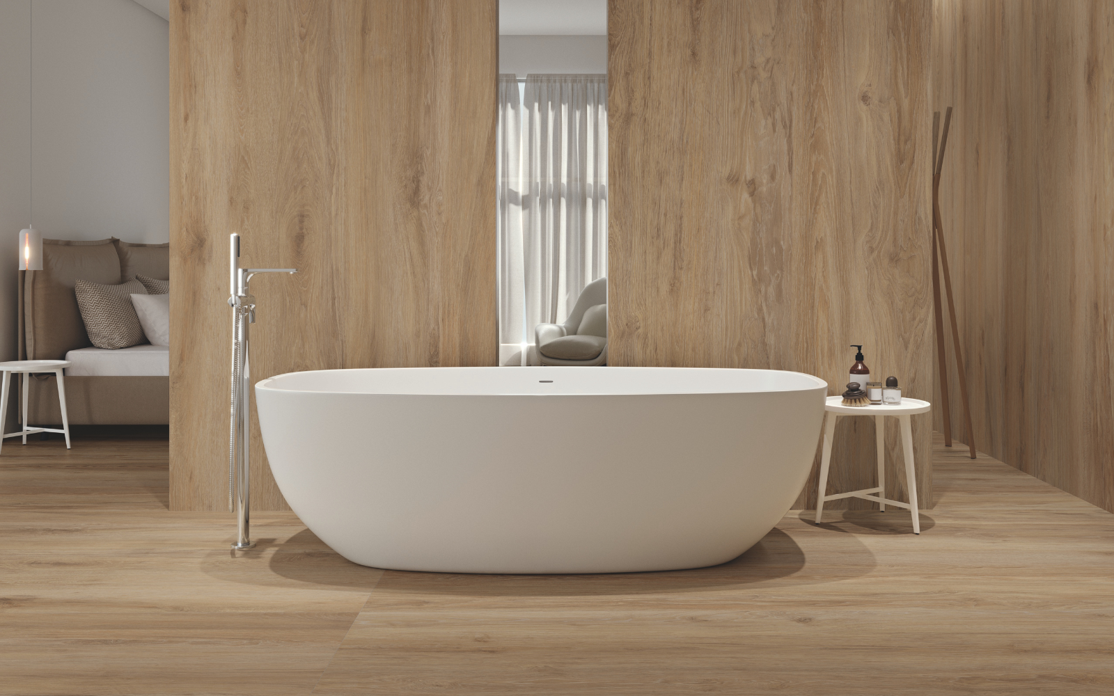 White bath tub set in wood panelled bathroom