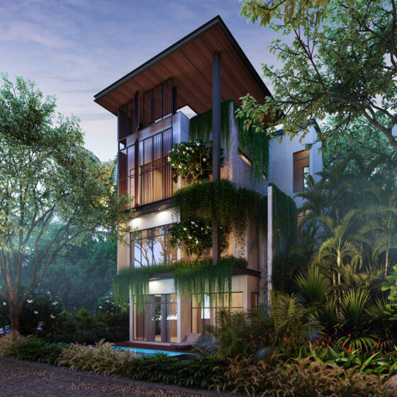 A modern, eco-friendly three-story hotel surrounded by lush greenery, featuring large glass windows, cascading plants, and warm ambient lighting at dusk.