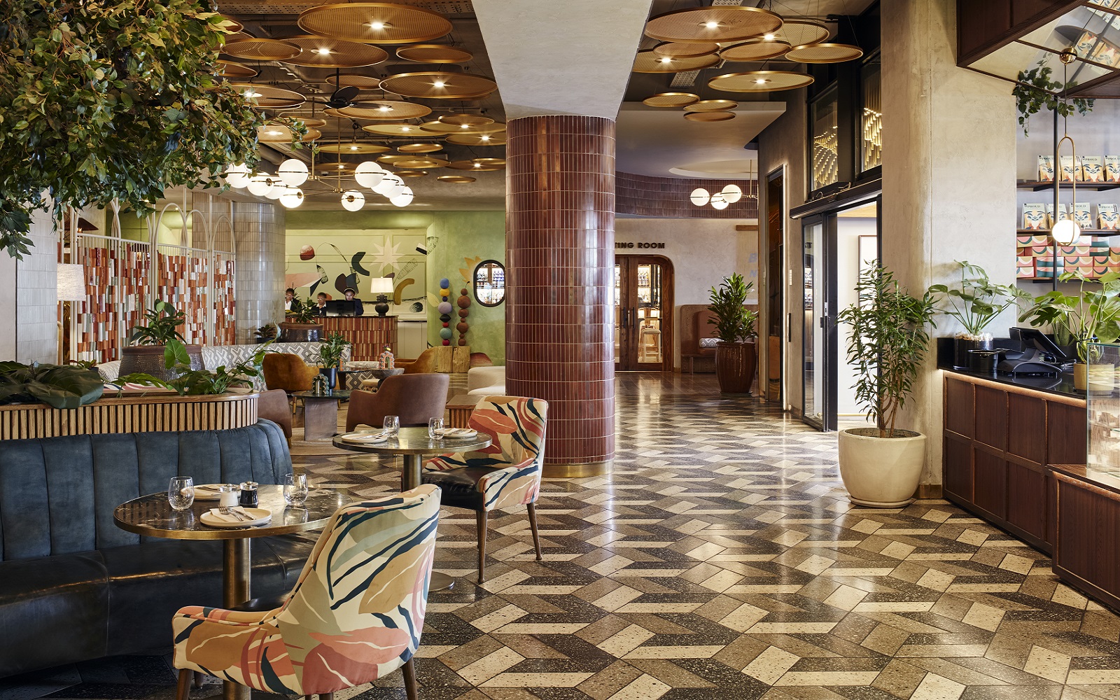 lobby design with checked tiled floor in HYDE Jo'burg