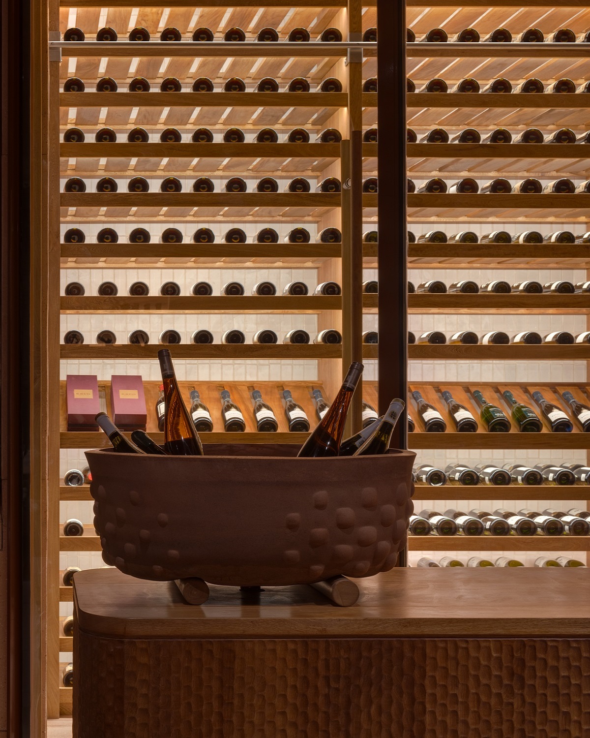 sculptural and backlit wine cellar in rubra Mexico
