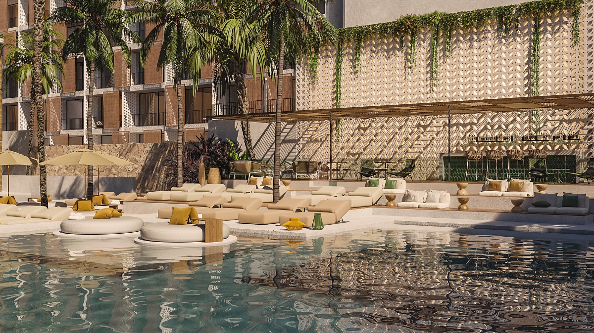 cabanas, hammocks, Balinese beds under the palm trees by the pool