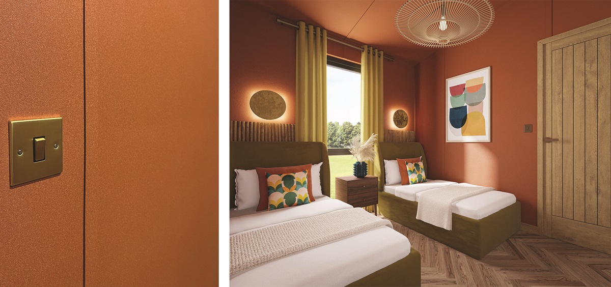  Newmor Matrix wallcovering on bedroom wall in Kempton lodge