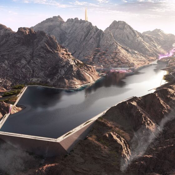 The Raffles Trojena Mountainside lake, with geometric shape