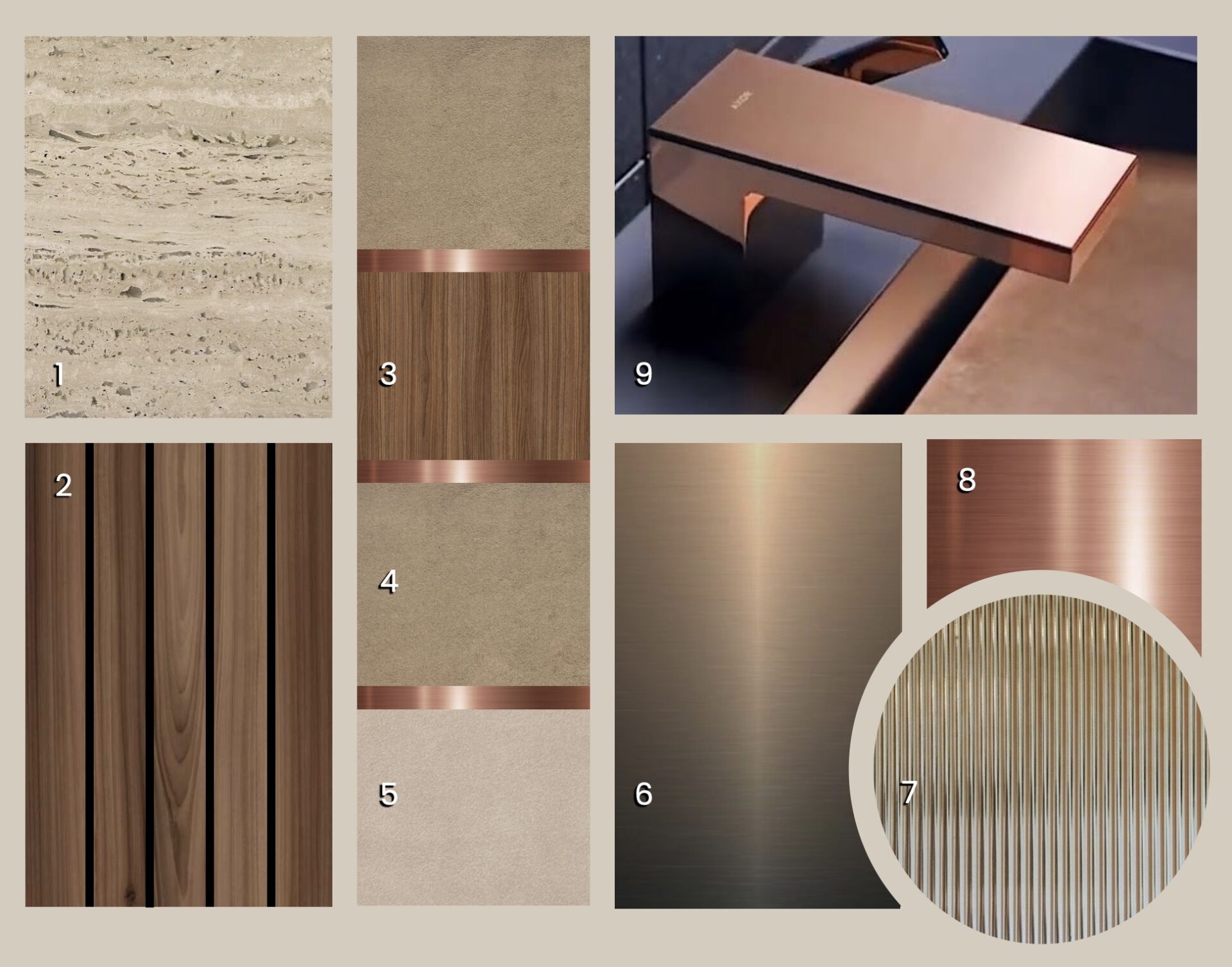 moodboard of warm tones, copper and bronze metals and ashy woods