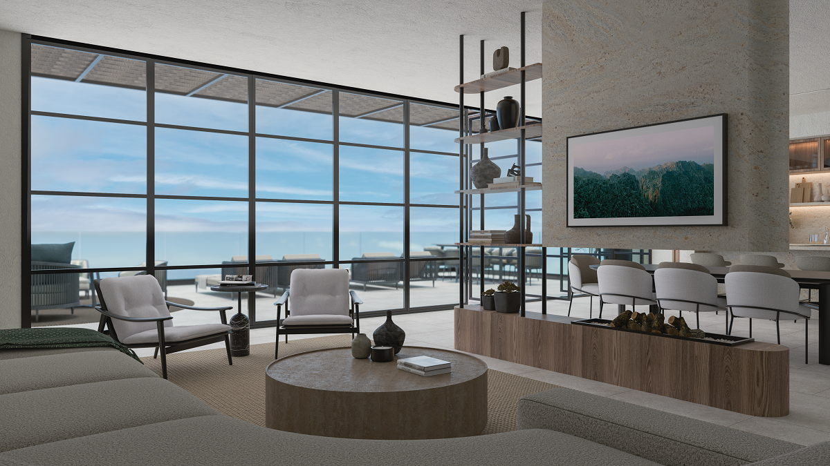 interior in neutral palette with floor to ceiling windows and view