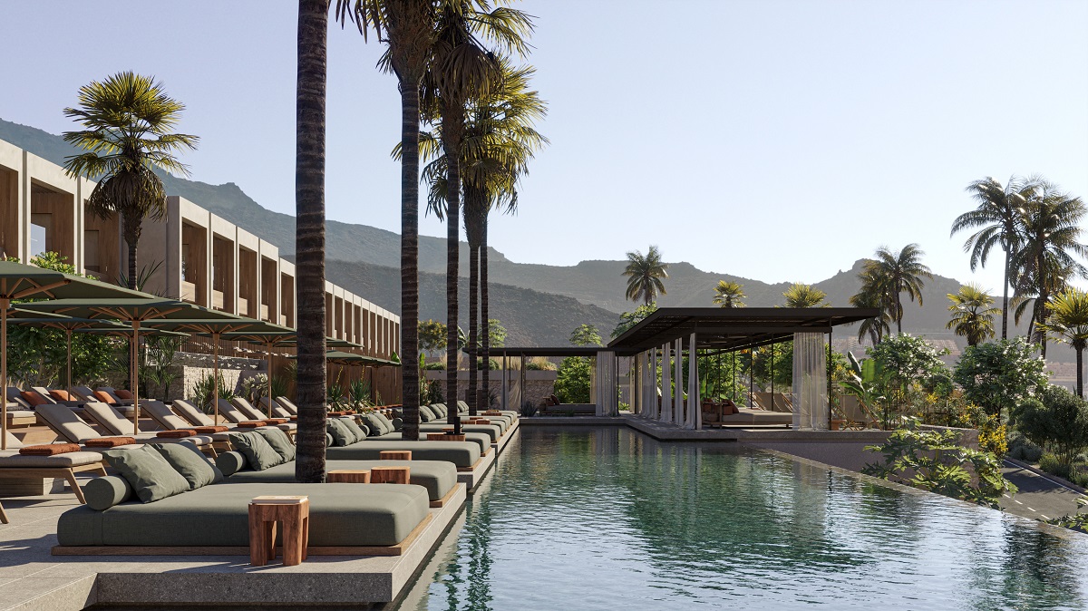 pool, palm trees and sunbeds in Tenerife