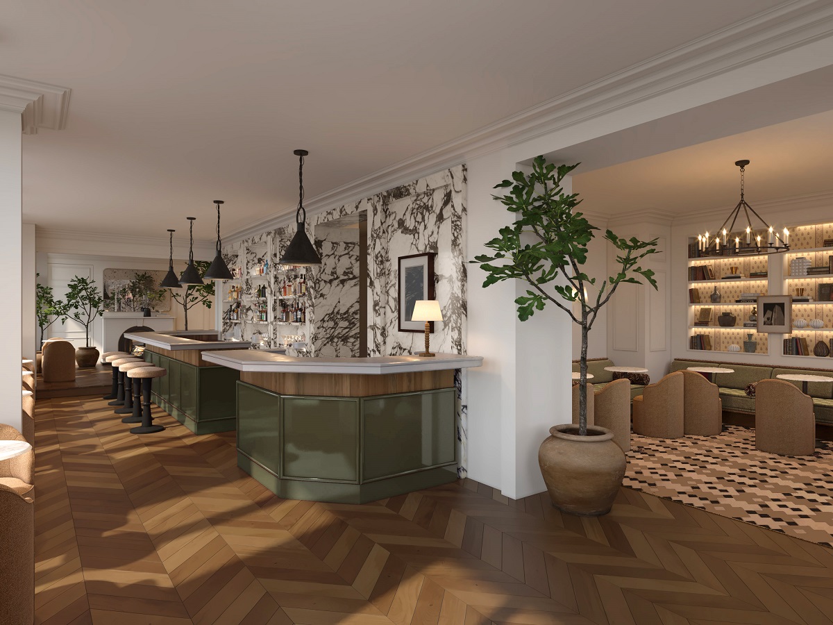 lobby with alcove seating and bar in Noucha hotel Paris