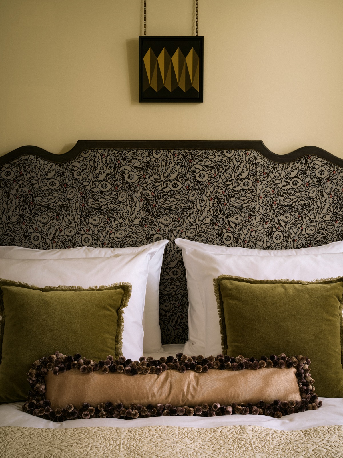 fabric pattern and texture details on the bed in sir Prague guestroom