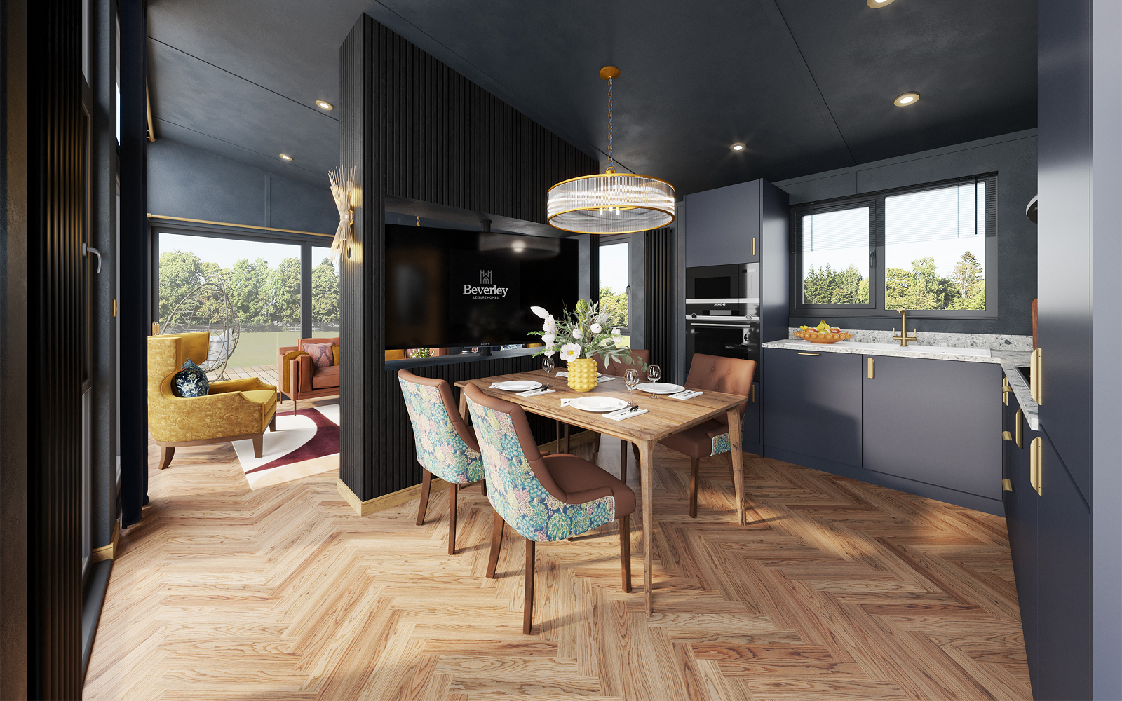 wooden herringbone floor and grey walls in Beverely Leisure Homes Kempton lodge