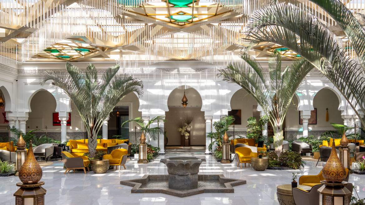 entrance and lobby seating with central fountain in Four Seasons Hotel Rabat at Kasr Al Bahr