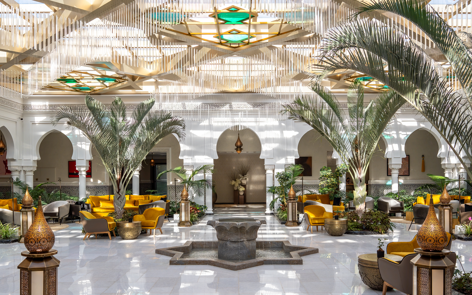 entrance and lobby seating with central fountain in Four Seasons Hotel Rabat at Kasr Al Bahr