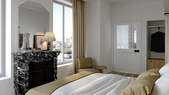 fireplace next to window in guestroom of Noucha boutique hotel in 16th arrondissement Paris