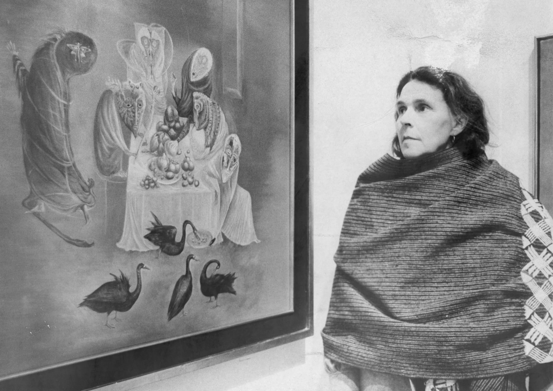 Leonora Carrington with "Lepidotera," painted in 1969. December 04,1975. (Photo by Jerry Engel/New York Post Archives