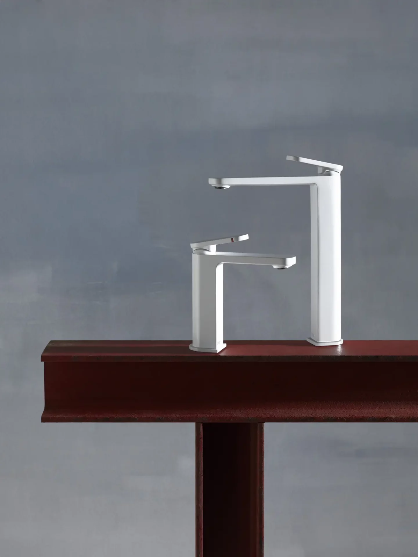 Roca Kay faucet tap in white, on structural steel beams