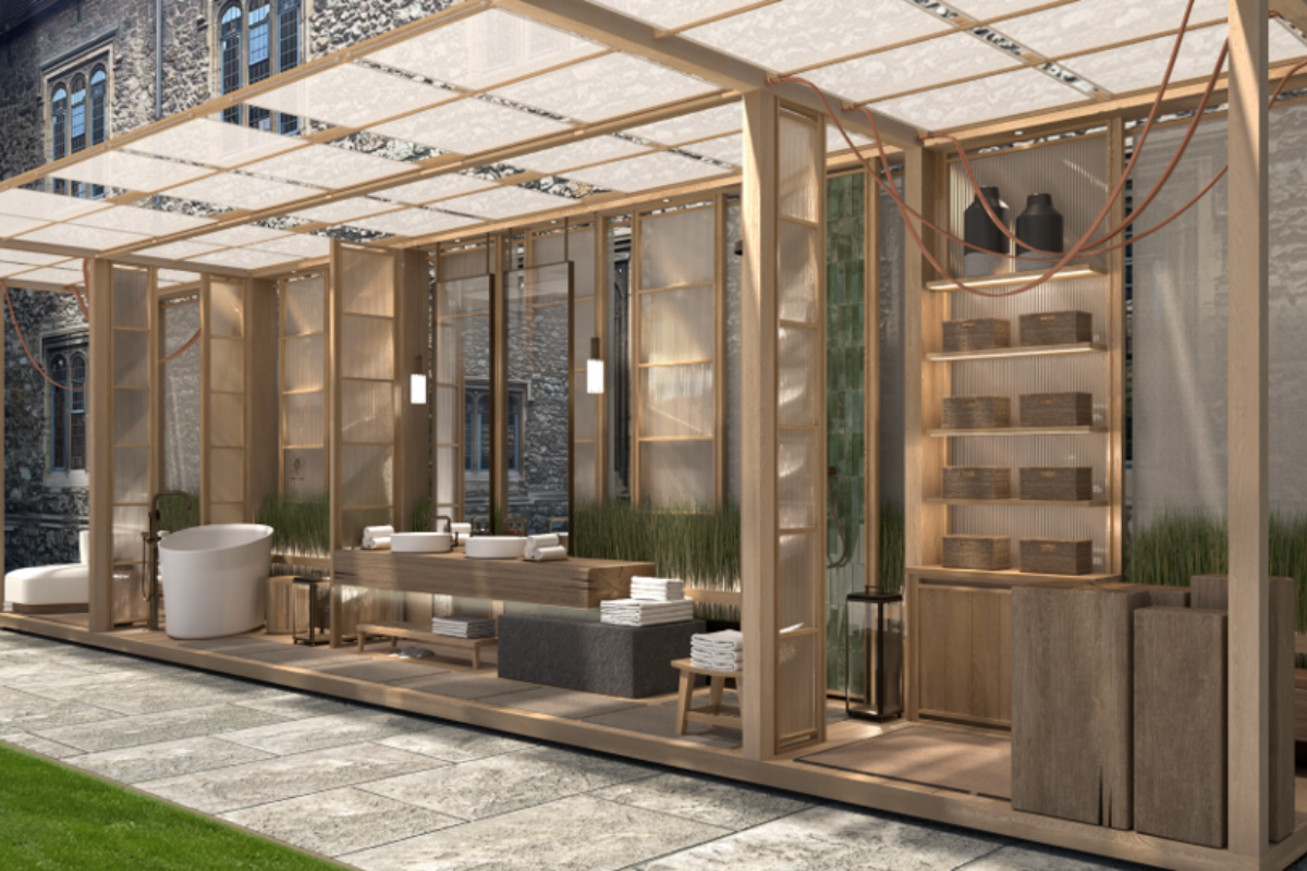 Angled view of the entire House of Rohl x GA Design outdoor bathroom concept, slatted wood divides the seating, bathing and washing sections
