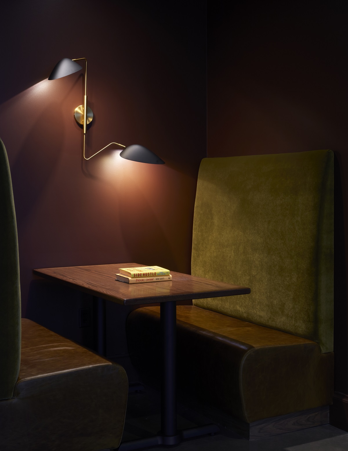 warm brown colour palette in restaurant with single focus light