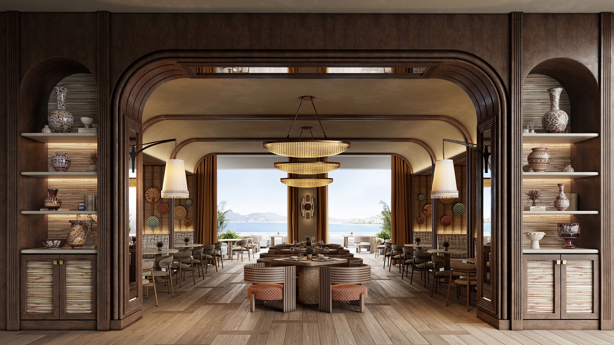 curved wooden roof in amoh restaurant designed by Studio LOST on rhodes looking out to a sea view