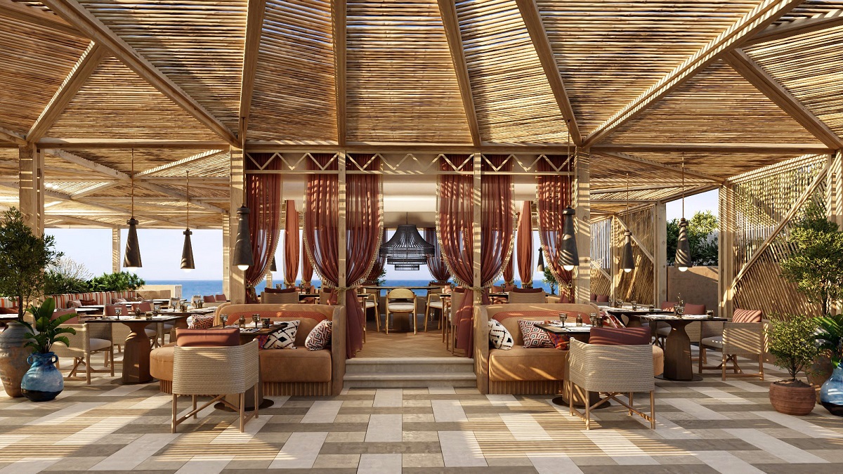 pitched wooden roof and open air walls in restaurant at Amoh
