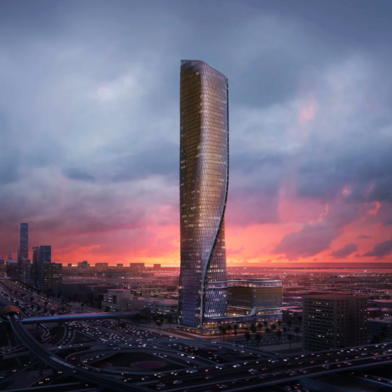 Render of Al Wasl Tower with ceramic facade infront of stormy sky with dark orange sunset