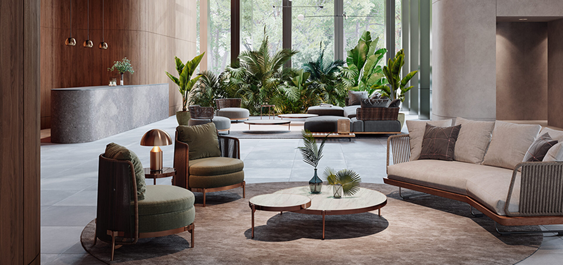 Image of hotel lobby with architectural film decorated walls, seating area in foreword and lush green foliage covering back wall