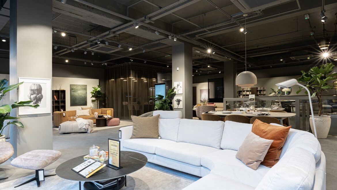 white L shaped sofa in BoConcept new showroom in London
